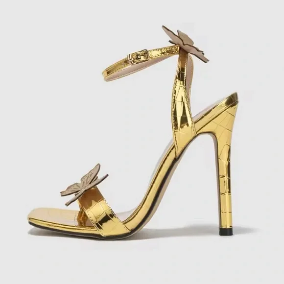 Gold Summer Sandals Women Butterfly Square Open Toe Pumps Buckle Strap 38 (6-3) - Picture 3 of 6